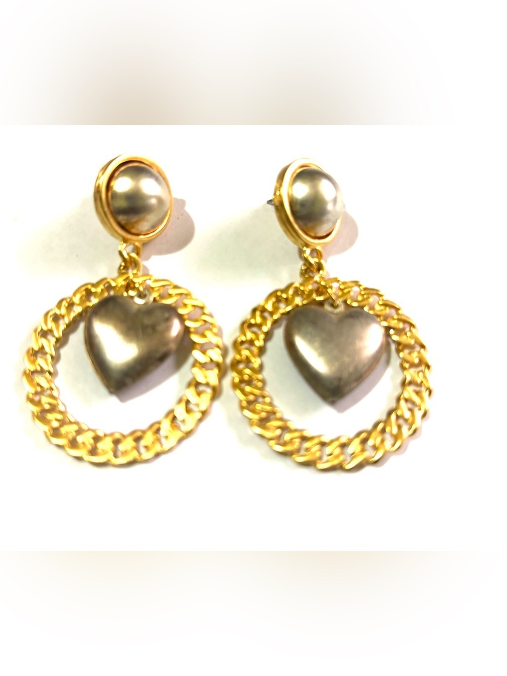 Vintage Gold and Silver Heart Hoop Drop Earrings